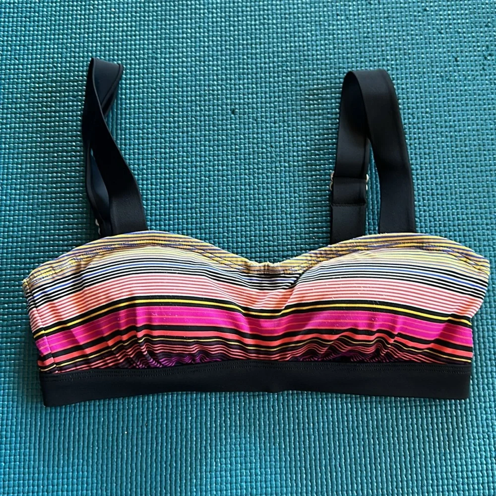Athleta Capri Stripe Pura Bikini Top Underwire Black Coral Yellow 32B/C Swim